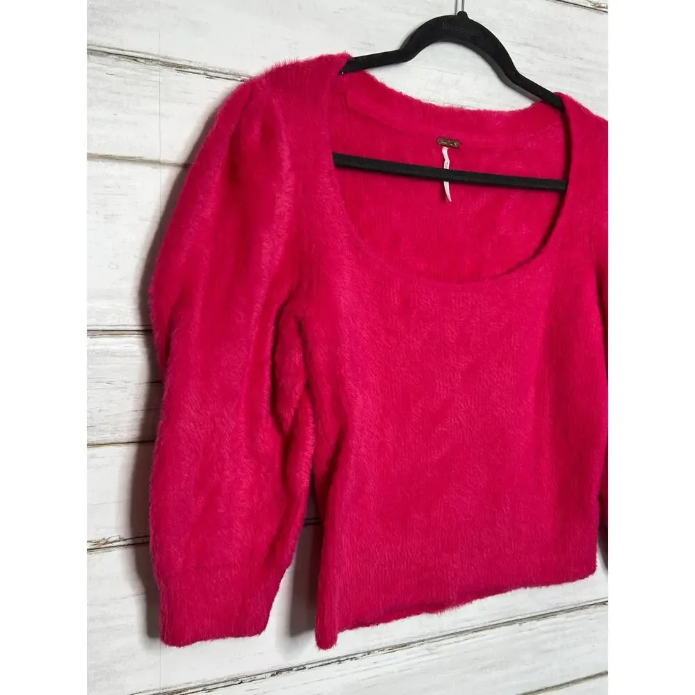 Free People Moonbeam Sweater Small Hot Pink Cropped Puff Sleeve Soft Knit